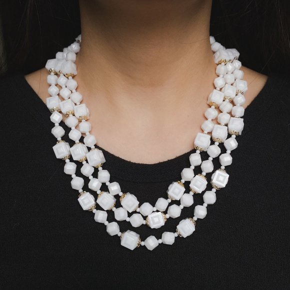 Vintage Hong Kong White Gold Square Chunky Beaded Layered Multi Strand Necklace - Picture 11 of 12